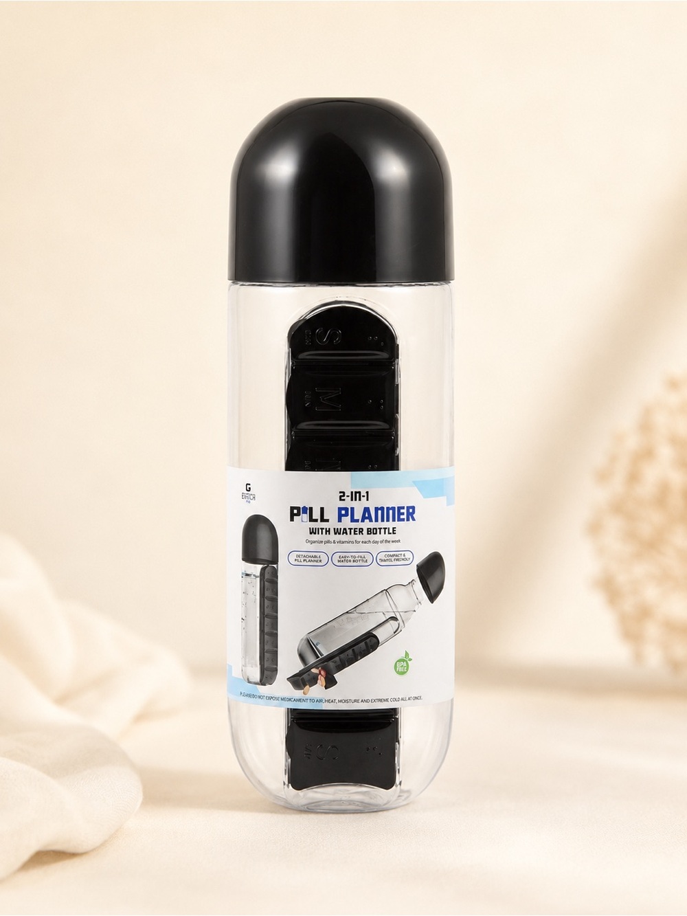 2-in-1 Pill Planner Water Bottle Black 20oz BPA-Free Travel Pill Organize Bottle